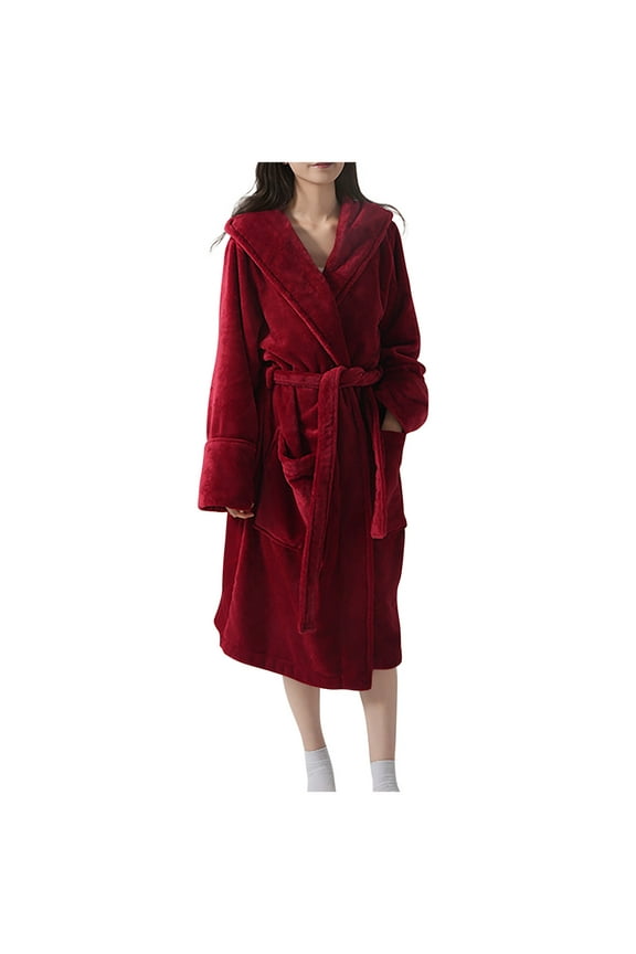Plus Size Women's Winter Warm Bathrobe 2025 - Thick Coral Fleece Hooded Robe with Pockets Quick-Dry & Super Soft for Cozy Nights Free Size