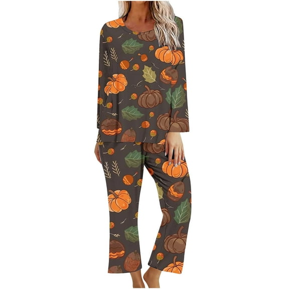 Tnhcen Pumpkin Print Pajamas 2-Piece Women’s Crew Neck Long Sleeve Set with Pants Festive Halloween Homewear S-2XL