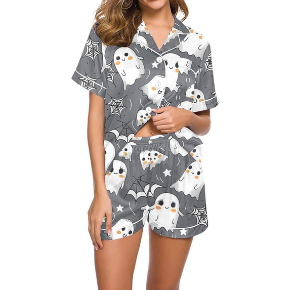 Tnhcen Ravishing Turndown Collar Halloween Pajamas 2-Piece Women’s Set Short Sleeve Blouse Shorts Alluring Nightwear S-2XL