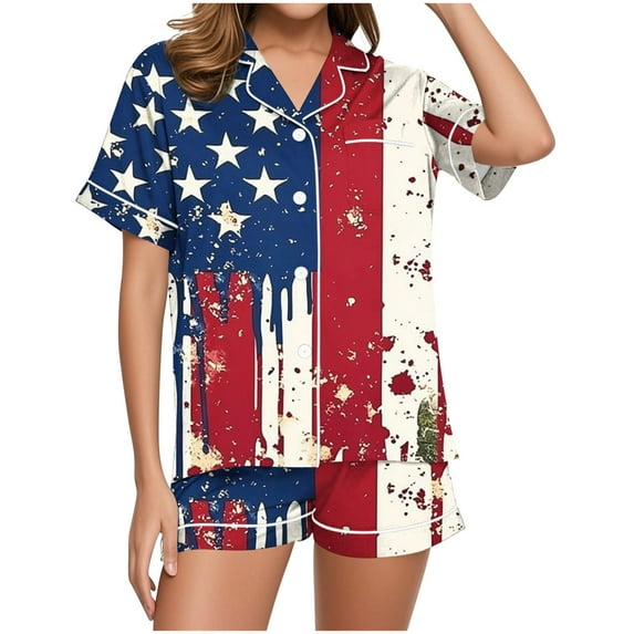 Tnhcen Red White and Blue Womens Pajamas Set Short Sleeve Button Down Shirt Comfy Sleep Shorts Holiday Nightwear S-2XL