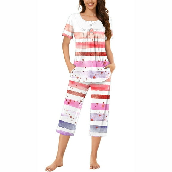Tnhcen Refreshing 2-Piece Women's Striped Print Summer Pajama Set Smooth Short Sleeve Capri Pants with Pockets S-3XL