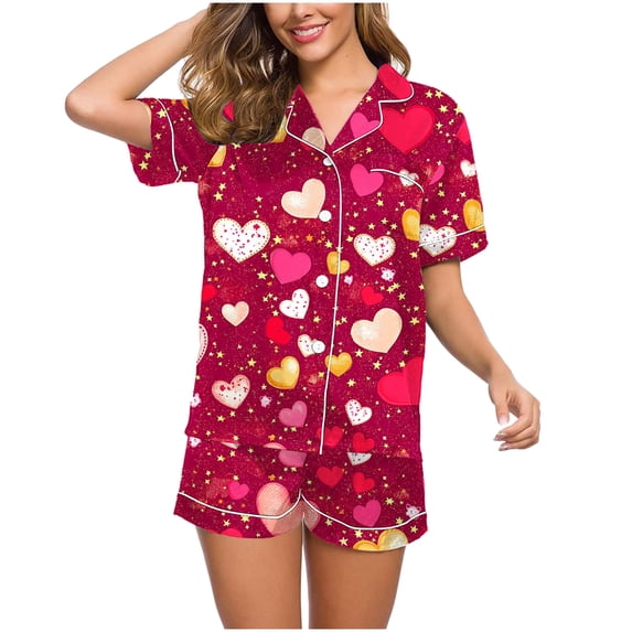 Tnhcen Romantic Women's Heart Print Lounge Wear 2-Piece Short Sleeve Button Blouse Fashion Shorts Set Valentine's Elegant Pajamas Home Clothes S-2XL