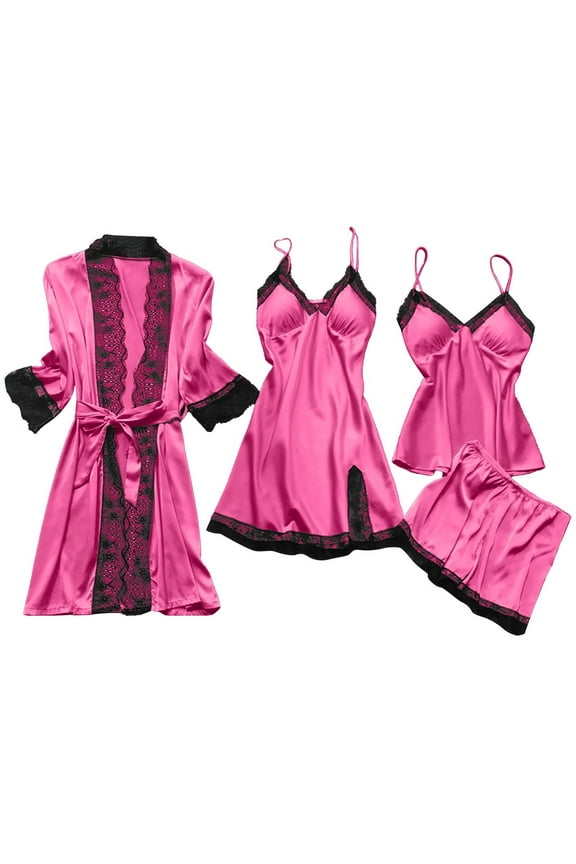 Tnhcen Black Lace Trim Sleepwear 4-Piece Set – Tank + Nightie + Shorts + Robe 3XL-5XL Plus Size Elegant Trim for Lounging & Sleeping