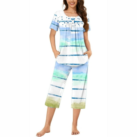 Tnhcen Short Sleeve Capri Pants with Pockets Fashionable 2-Piece Women's Print Summer Pajama Set S-3XL