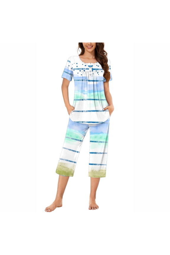 Short Sleeve Capri Pants with Pockets Fashionable 2-Piece Women's Print Summer Pajama Set S-3XL