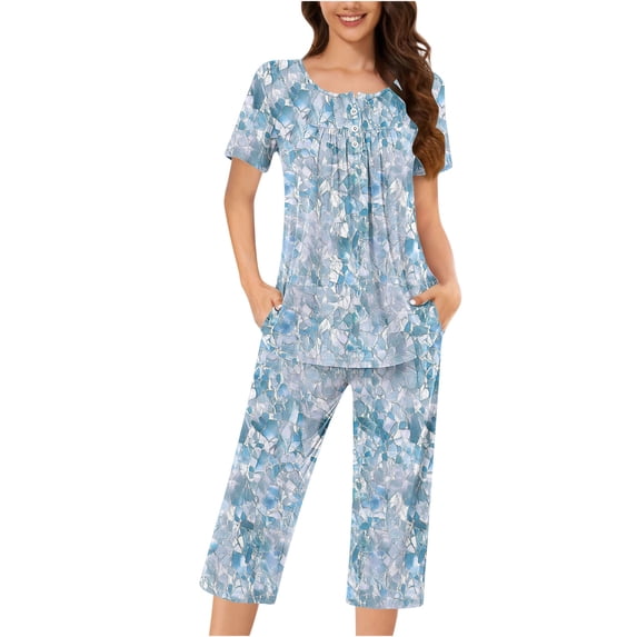 Tnhcen Short Sleeve Capri Pants with Pockets Fashionable 2-Piece Women's Print Summer Pajama Set S-3XL