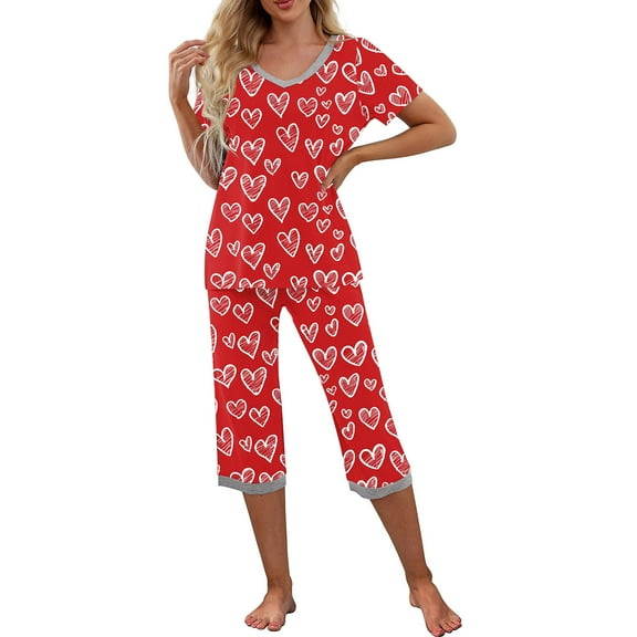 Tnhcen Short Sleeve Top Capri Pants Sleepwear Lounge Set Women'ss 2 Piece Pajama Sets Cotton Pj Set S-2XL