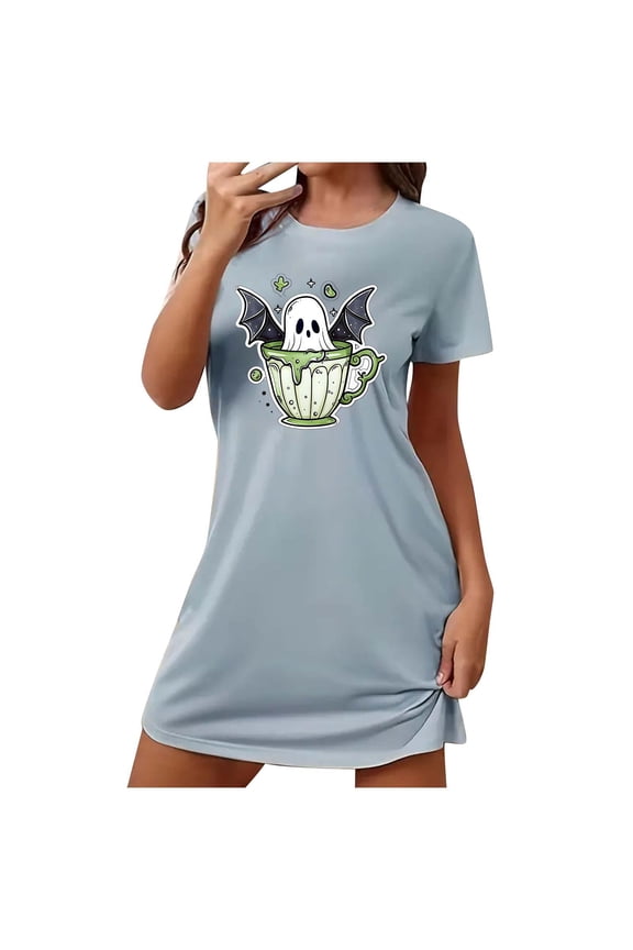 Short & Sweet Halloween Sleep Dress Plus Size Cartoon Print Round Neck Short Sleeve Soft Polyester Spandex S-2XL for Sleeping/Parties/Lounging