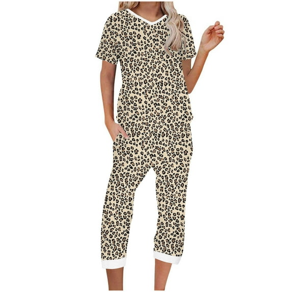 Tnhcen Soft Modal Pajama Set for Women V-Neck Short Sleeve Top Cropped Lounge Pants with Pockets Loungewear S-2XL