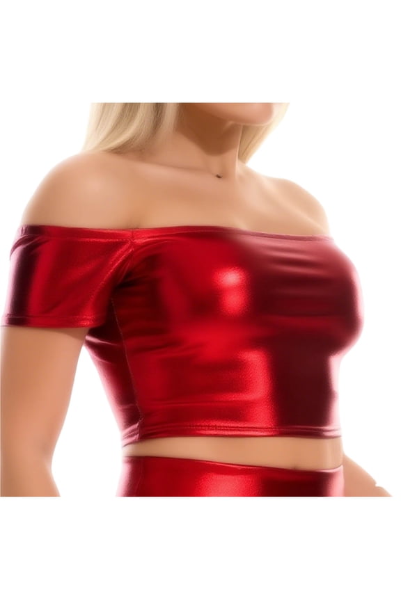 Solid Off The Shoulder Top for Women, Shiny Faux Leather Look Short Sleeve V-Neck Crop Blouse, Party Club Going Out Tops for Women Fashion Tops, Sizes S-XL