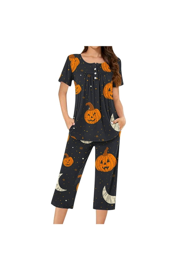 Spooky Cute Halloween Pajamas 2 Piece Short-Sleeve Pjs Sets with Pockets Festive Lounging Nightwear Homewear S-3XL