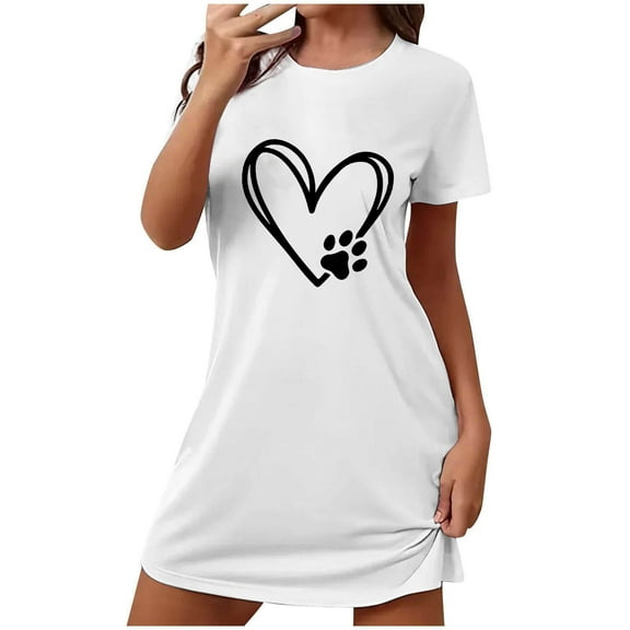 Tnhcen Stretchy Plus Size Sleep Dress Short Sleeve Round Neck Front Print Polyester Spandex S-2XL for All Body Types