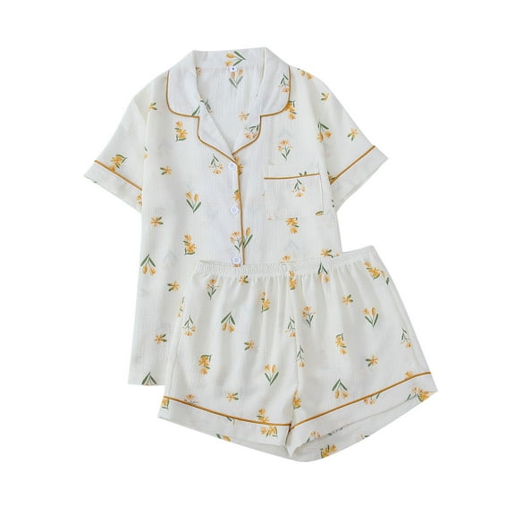 Tnhcen Summer Home Clothes Women's 2-Piece Cooling Print Pajamas Set Short Sleeve Button-Up & Shorts S-XL