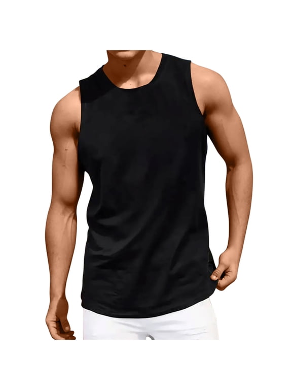 Tnhcen Summer-Ready Solid Black Cotton Men's Tank Top - Breathable Athletic Crewneck Undershirt for Gym/Daily Tough Guy Style Soft Ring-Spun Cotton S-2XL