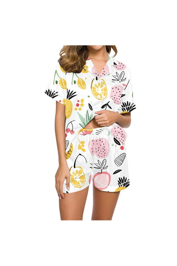 Summer Silk Pajama for Women Short Sleeve Satin Tropical Fruit Print Pjs Set Two Piece Soft Sleepwear Loungewear S-2XL