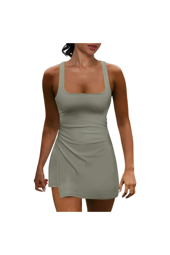 Summer Women's Breathable Pure Color Backless Romper – Jumpsuit with Side Slits Activewear – Stretchy Round Neck Romper S-2XL Women's Activewear Jumpsuit