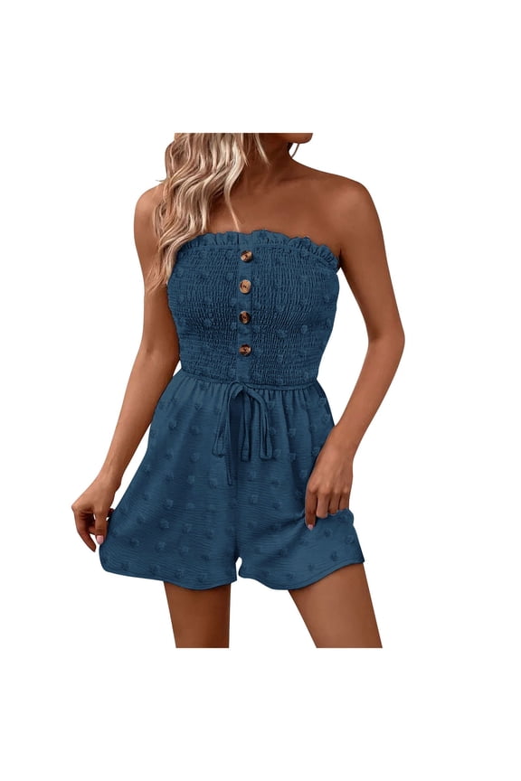 Tnhcen Summer Women's Ice Silk Wrinkles Off-The-Shoulder Strapless Romper with Button Drawstring Shorts Jumpsuit Short S-2XL