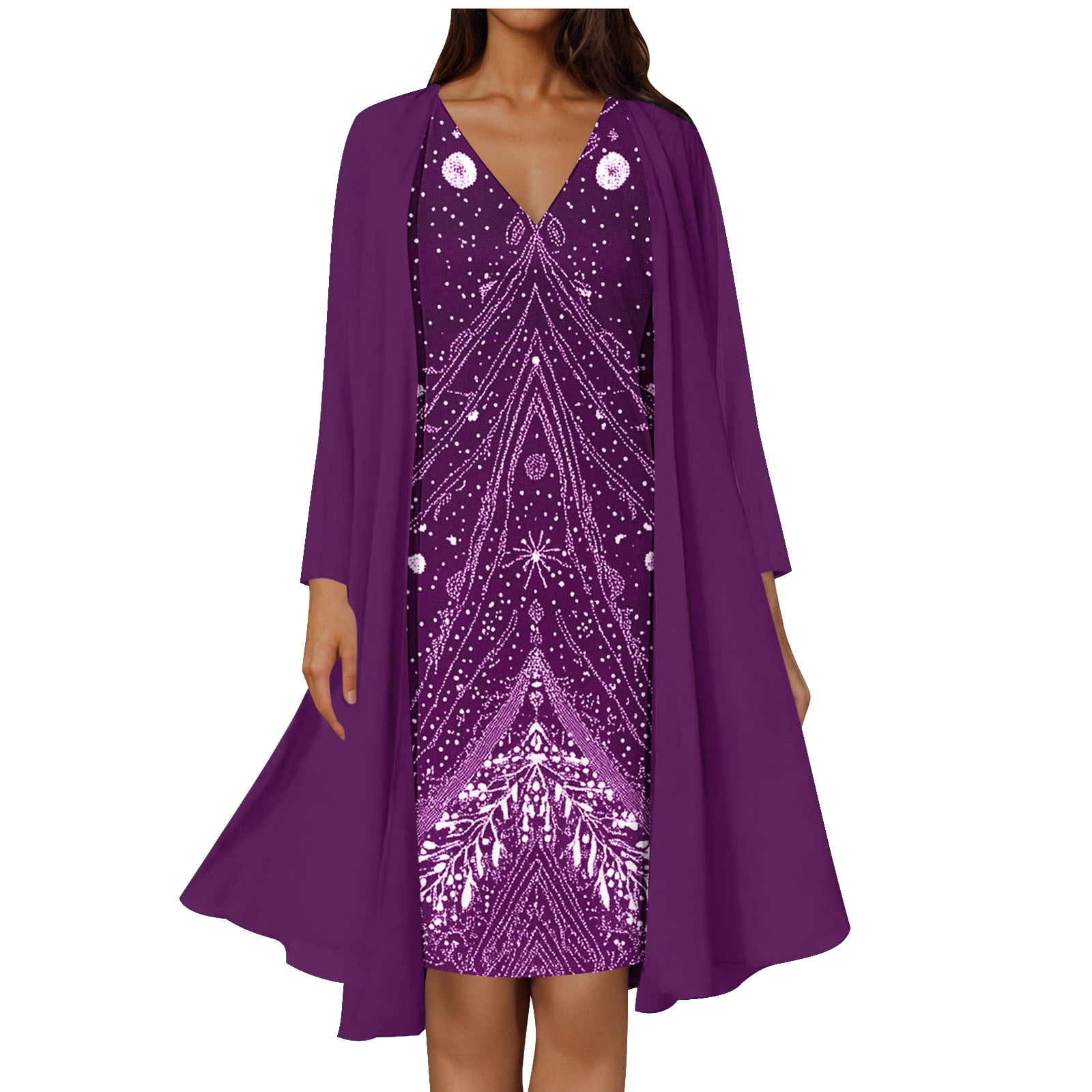 Tnhcen Two - Piece Print Dress & Long Sleeve Cardigan Set, Women's V - Neck Midi  Dress + Open Front Cardigan 4 - Way Stretch, Plus Size Casual Outfit M -  3XL - Walmart.com