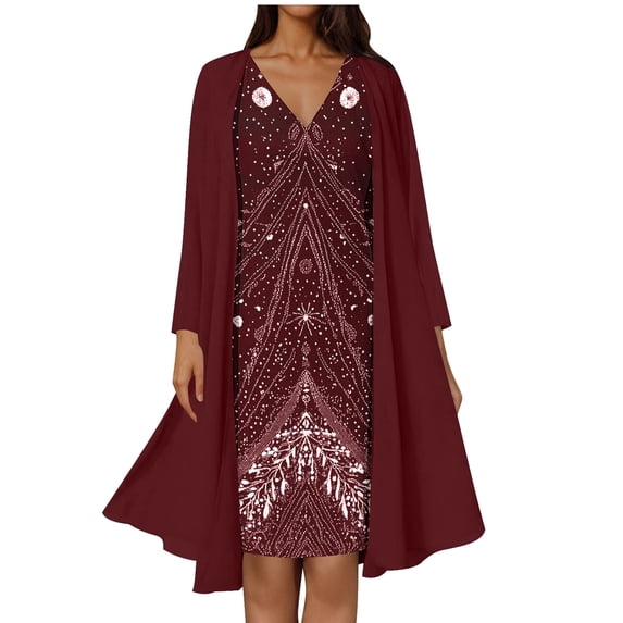 Tnhcen Two - Piece Print Dress & Long Sleeve Cardigan Set, Women's V - Neck Midi Dress + Open Front Cardigan 4 - Way Stretch, Plus Size Casual Outfit M - 3XL