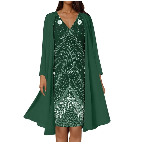 Tnhcen Two - Piece Print Dress & Long Sleeve Cardigan Set, Women's V - Neck Midi Dress + Open Front Cardigan 4 - Way Stretch, Plus Size Casual Outfit M - 3XL