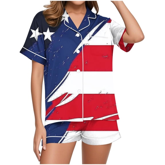 Tnhcen USA Flag Themed Ladies Pajama Set Short Sleeve Button Down Top Lounge Shorts Soft 4th of July Sleepwear​ S-2XL
