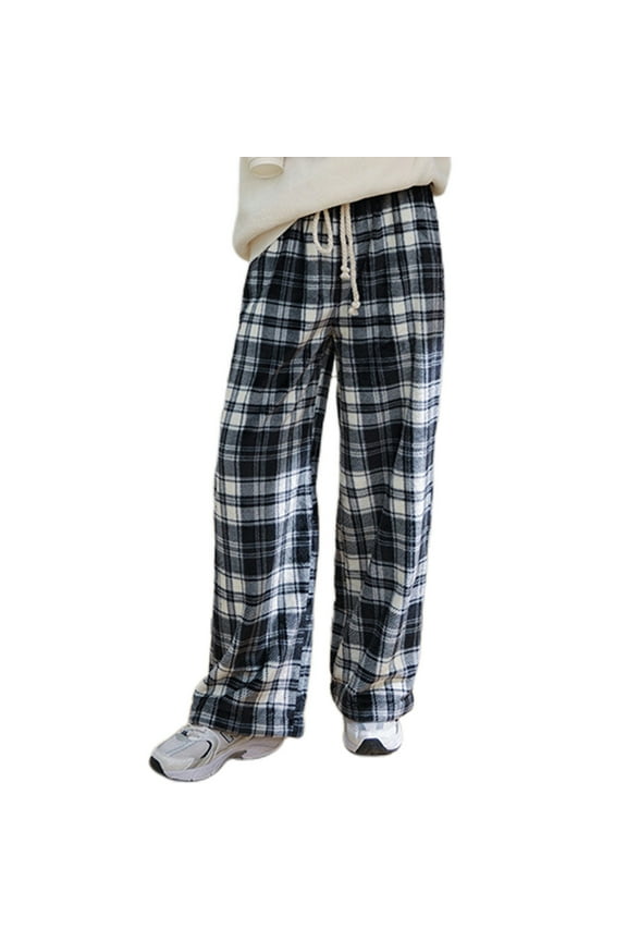 Unisex Fall/Winter Thickened Plaid Sleep Pants - Drawstring Waist Home Wear with Pockets | M-XL Polyester Lounge Pants for Couples