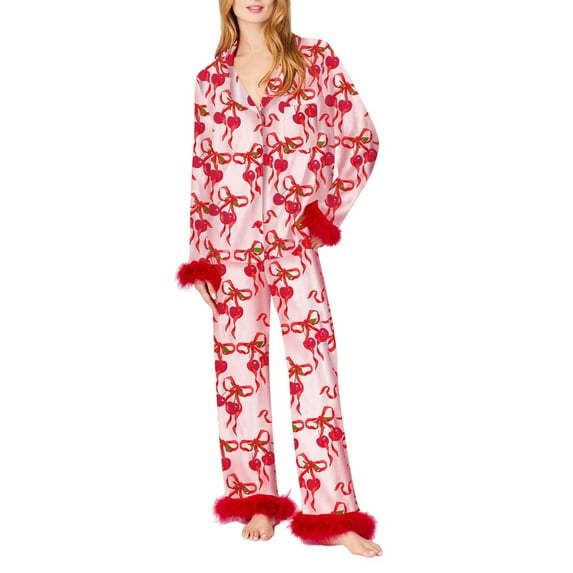 Tnhcen Valentine's Day Women's Cozy Comfortable Pajama Set with Fluffy Trim Pink Bow Print Long Sleeve Collar Design in Satin Fabric Sleepwear for Women Plus Size S-2XL