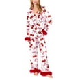 thumbnail image 1 of Tnhcen Valentine's Day Women's Cozy Comfortable Pajama Set with Fluffy Trim Pink Bow Print Long Sleeve Collar Design in Satin Fabric Sleepwear for Women Plus Size S-2XL, 1 of 7
