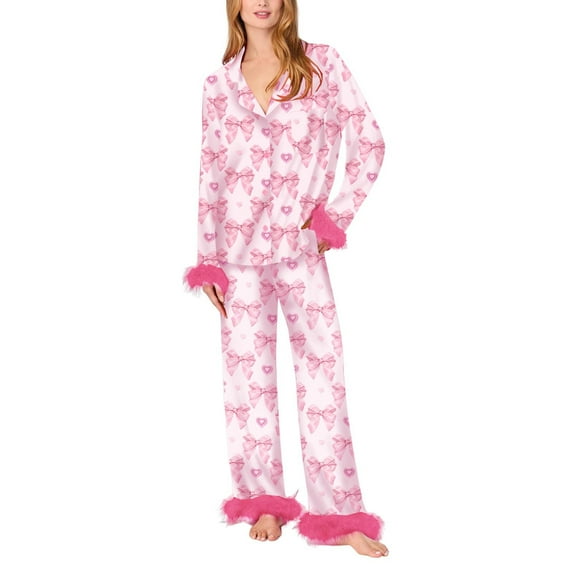 Tnhcen Valentine's Day Women's Cozy Comfortable Pajama Set with Fluffy Trim Pink Bow Print Long Sleeve Collar Design in Satin Fabric Sleepwear for Women Plus Size S-2XL