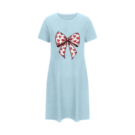 Tnhcen Valentine's Day Women's Short Sleepwear Plus Size 3XL - 5XL Heart Print Bowknot Nightgown Milk Silk Cozy Casual Pajama Dress for Women Valentine's Gift