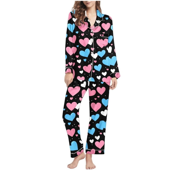 Tnhcen Valentine's Nightwear Ensemble Charming Women's 2-Piece Set Heart Print Long Sleeve Shirt Pants Pajamas Homewear Set S-2XL