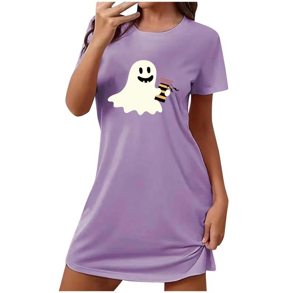 Tnhcen Versatile Halloween Sleepwear Plus Size Funny Cartoon Print Short Sleeve Dress Round Neck Stretchy Polyester Spandex S-2XL for Sleeping/Parties/Relaxing