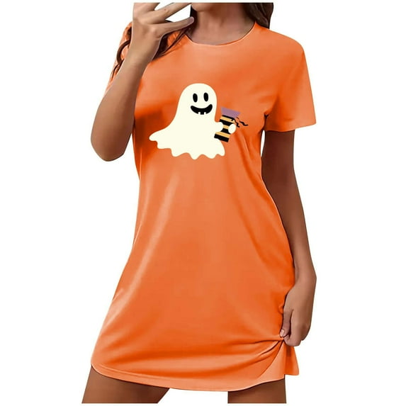 Tnhcen Versatile Halloween Sleepwear Plus Size Funny Cartoon Print Short Sleeve Dress Round Neck Stretchy Polyester Spandex S-2XL for Sleeping/Parties/Relaxing