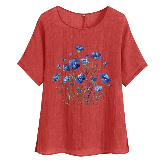 Tnhcen Vintage Print Women's Short Sleeve Crewneck – Loose Fit Cotton Linen Summer Shirt Retro Style Basic S-2XL