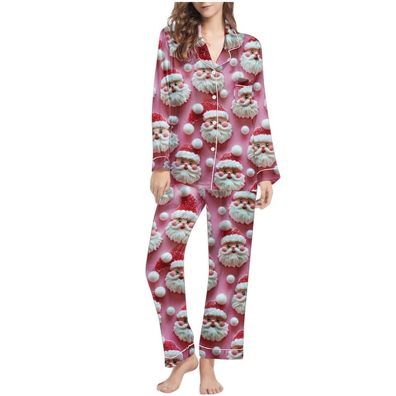 Tnhcen Winter Festive 2-Piece Pajamas for Women Buttoned Lapel Long Sleeve Casual Pjs Set Christmas Prints Lounge Homewear S-2XL