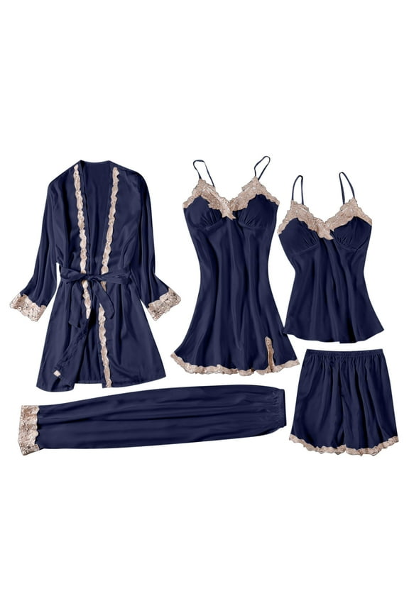 Wome's Pajama Sets 5 Pieces Silk Lace Border Pajama Set Soft Robe+Spaghetti Straps Top+Camisole+Long Pants+Shorts Sleepwear Set Cute Lounge Homewear S-3XL