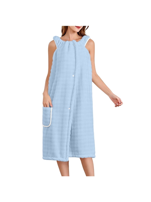 Women Bathrobe Quick Dry Nylon Spandex Sleeveless Robe with Button Front Pocket Solid Color Summer Spa Wrap Adjustable Lightweight Soft Absorbent Housecoat Lounge Wear Free Size