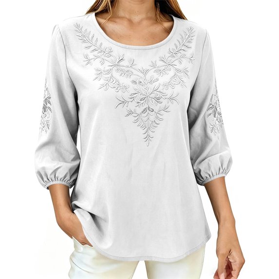 Tnhcen Women Boho Blouse 3/4 Puff Sleeve Floral Embroidered Top Round Neck Casual Loose Fit Solid Color A Line Summer Spring Shirt for Women Daily Vacation