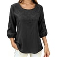 thumbnail image 1 of Tnhcen Women Boho Blouse 3/4 Puff Sleeve Floral Embroidered Top Round Neck Casual Loose Fit Solid Color A Line Summer Spring Shirt for Women Daily Vacation, 1 of 3