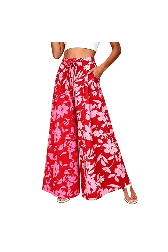 Women Floral Wide Leg Pants High Waisted Loose Fit Casual Long Pants with Pockets Elastic Waist Flowy Trousers for Women Summer