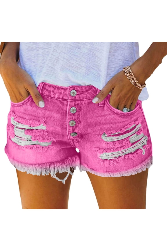 Women High Waisted Denim Shorts with Front Button Fly, Distressed Ripped Raw Hem Frayed Edge Casual Loose Fit Summer Beach Shorts for Daily Vacation