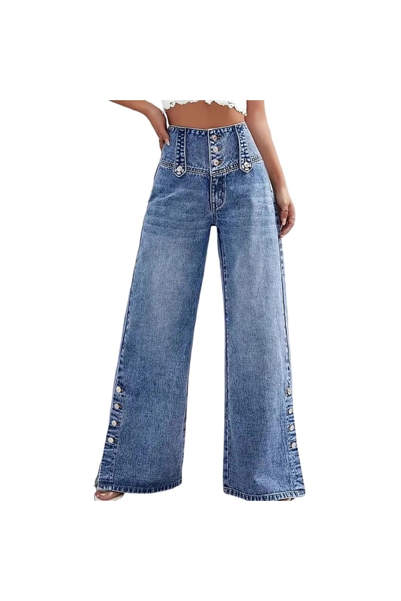 Women High Waisted Wide Leg Jeans Button Front Slit Flare Bell Bottom Trousers Vintage Denim Pants for Women Casual Long Jeans