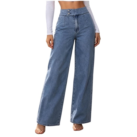 Tnhcen Women High Waisted Wide Leg Jeans Vintage Button Front Straight Leg Casual Denim Pants for Women Trousers S-2XL