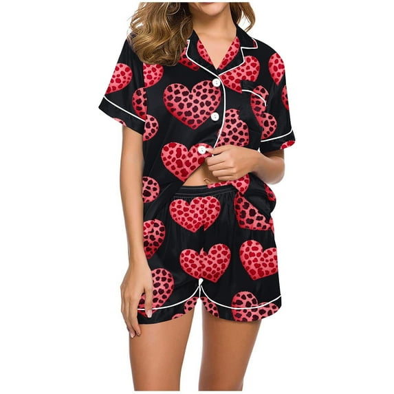 Tnhcen Women Pajamas Set Heart Print Button Down Shirt Shorts Set 2 Piece Pjs Nightwear