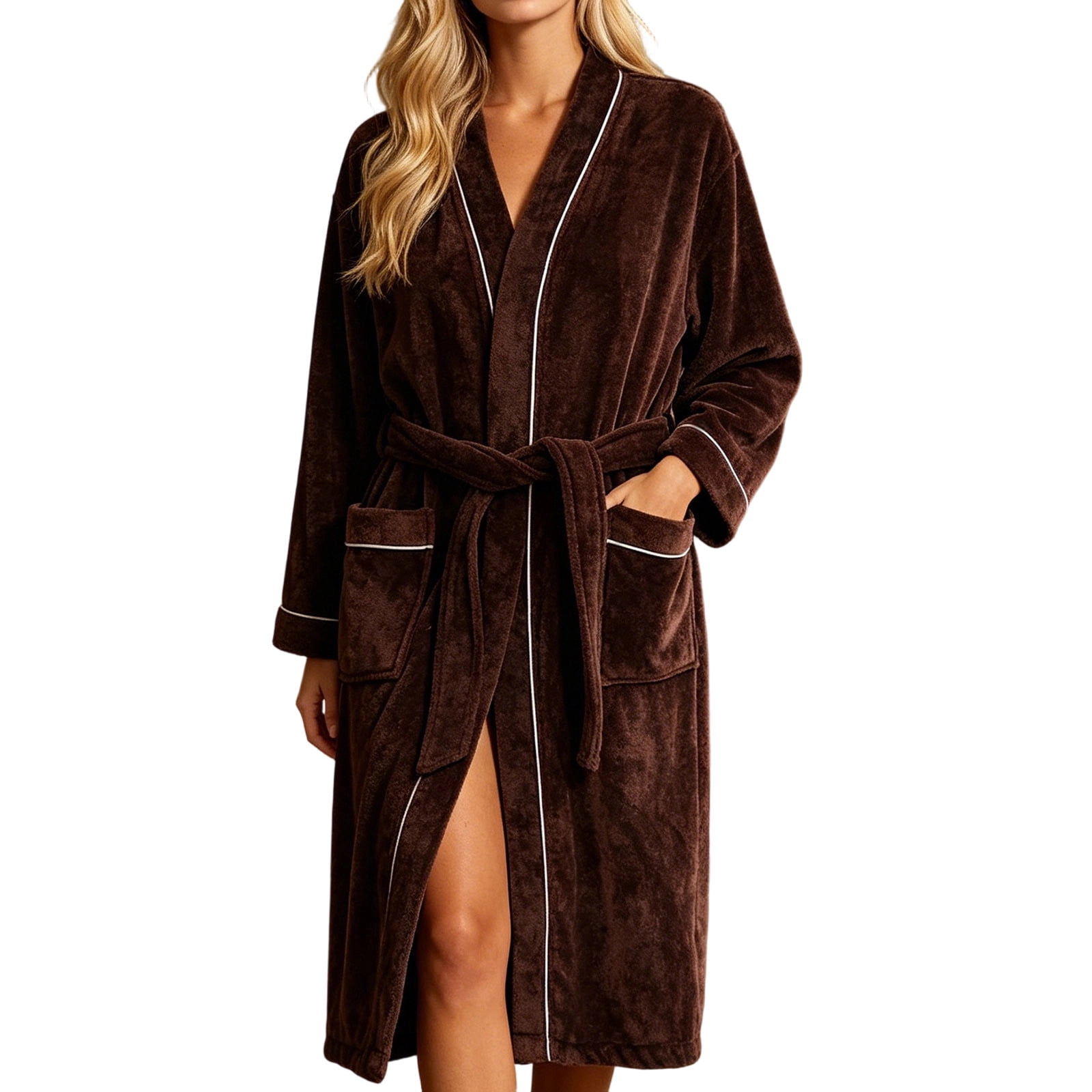 Tnhcen Women Robe Plush Bathrobe Winter Thick Fleece Dressing Gown Long Sleeve Shawl Collar Nightgown Lounge Wear Solid Color Soft Housecoat with Pockets Free Size