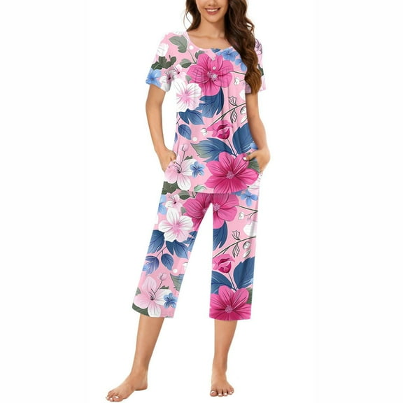 Tnhcen Women Short Sleeve Lounge Set Capri Pants with Pockets 2 Piece Loungewear S-3XL