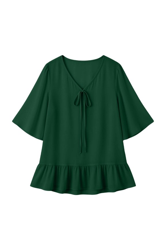Women Summer Casual V Neck Blouse 3/4 Sleeve Chiffon Tops Front Tie Bow Frill Hem Loose Fit Office Work Business Casual Shirts Solid Color Elegant Flowy Pullover Top