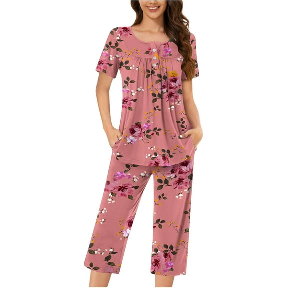 Tnhcen Women Summer Pajama Sets 2 Piece Short Sleeve Top And Capri Pants Ladies Lounge Pjs Sets With Pockets