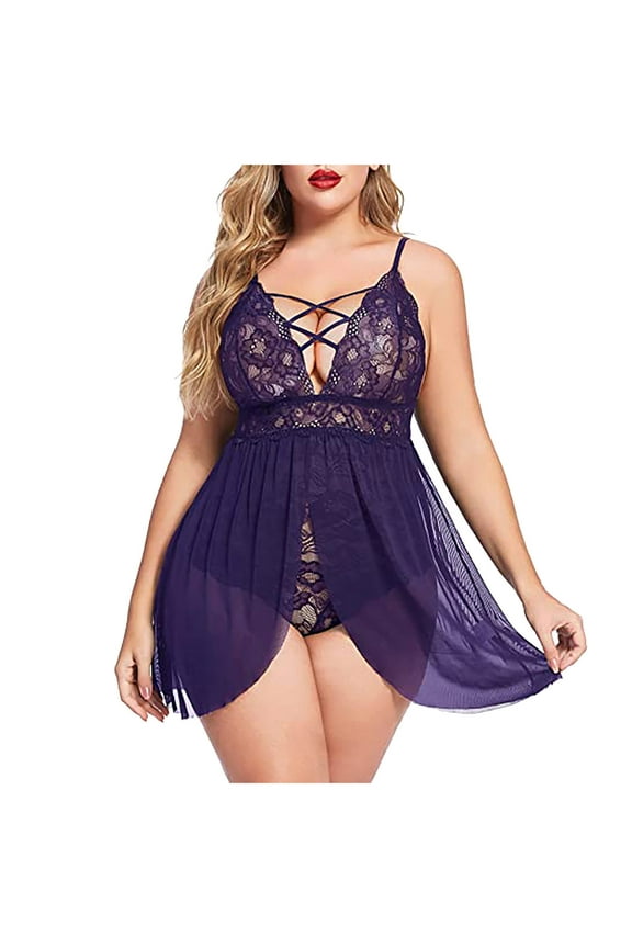 Tnhcen Women Underwear Lace Mesh Hollow Out Chemise Nightgown Underwear Nightdress Sleepwear Nightshirt Nightgowns for Women Plus Size Nightwear Honeymoon Underwear for Women Purple