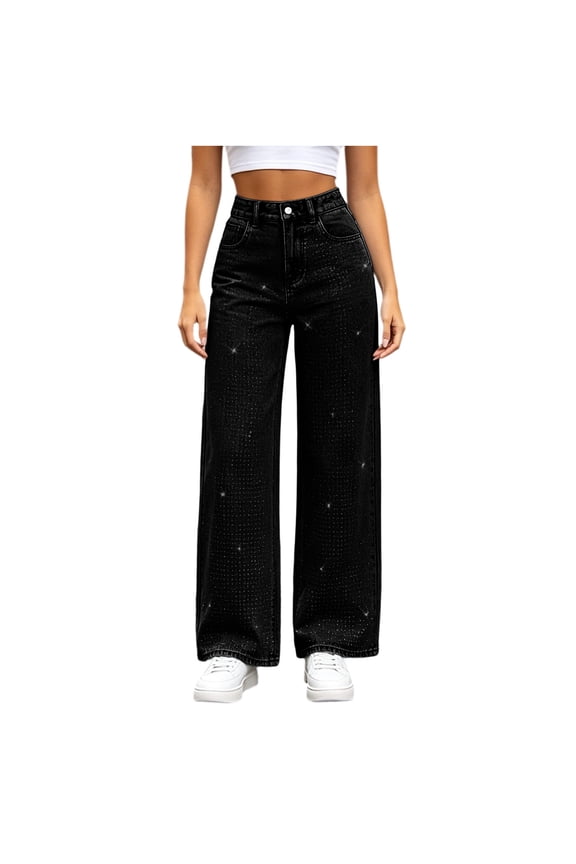 Women Wide Leg Jeans Beaded Denim Pants High Waisted Straight Leg Jeans with Pockets Button Fly Casual Long Pants S-XL